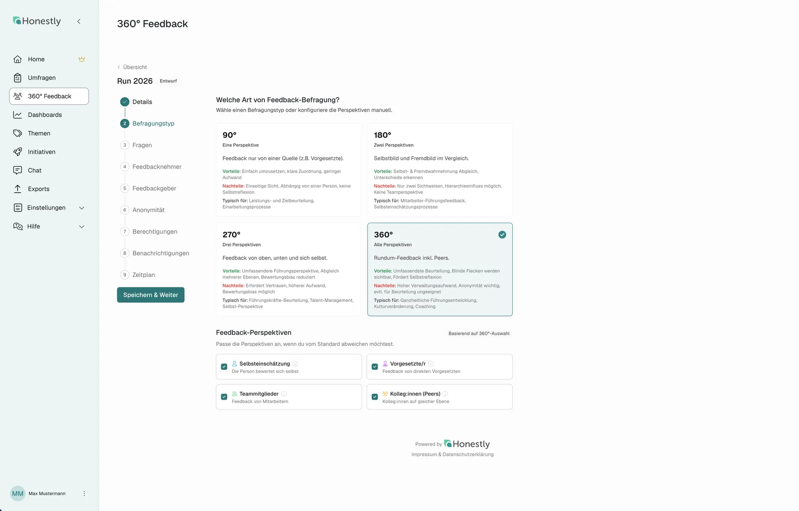Honestly 360° Feedback Setup-Wizard, Schritt 2: Auswahl zwischen 90°, 180°, 270° und 360° Befragung mit konfigurierbaren Perspektiven