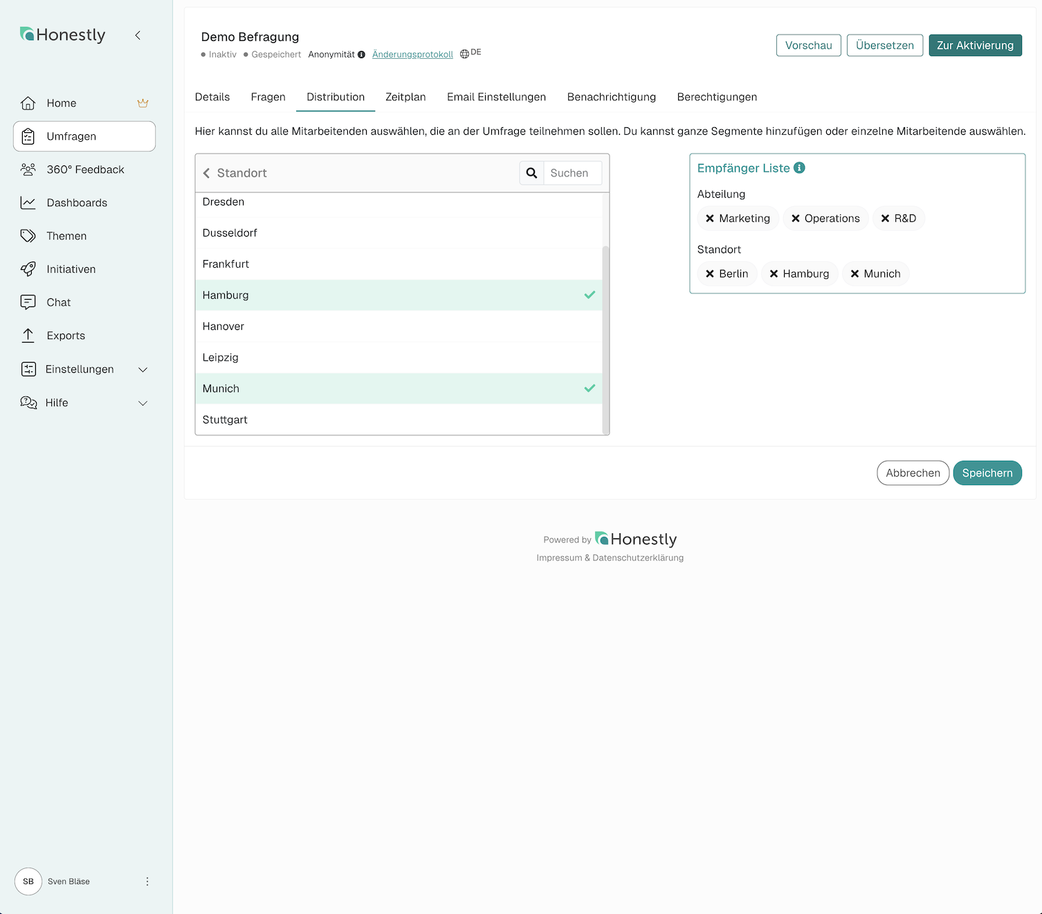 Honestly Distributions-Einstellungen für eNPS-Umfragen