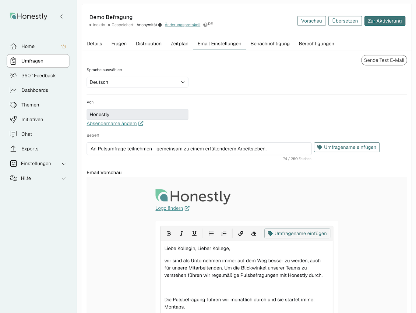 Honestly Mitarbeiterbefragung – E-Mail-Einstellungen und Kommunikation