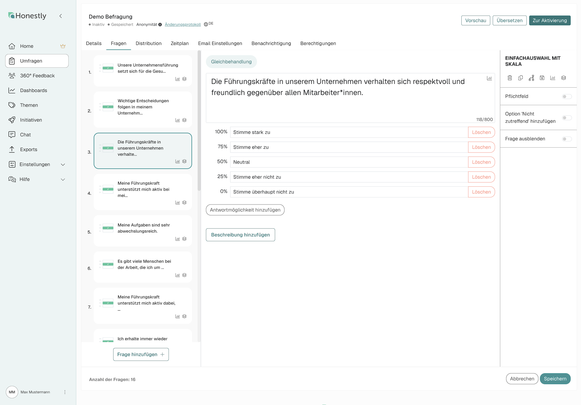 Honestly Fragebogen-Editor für eNPS-Umfragen