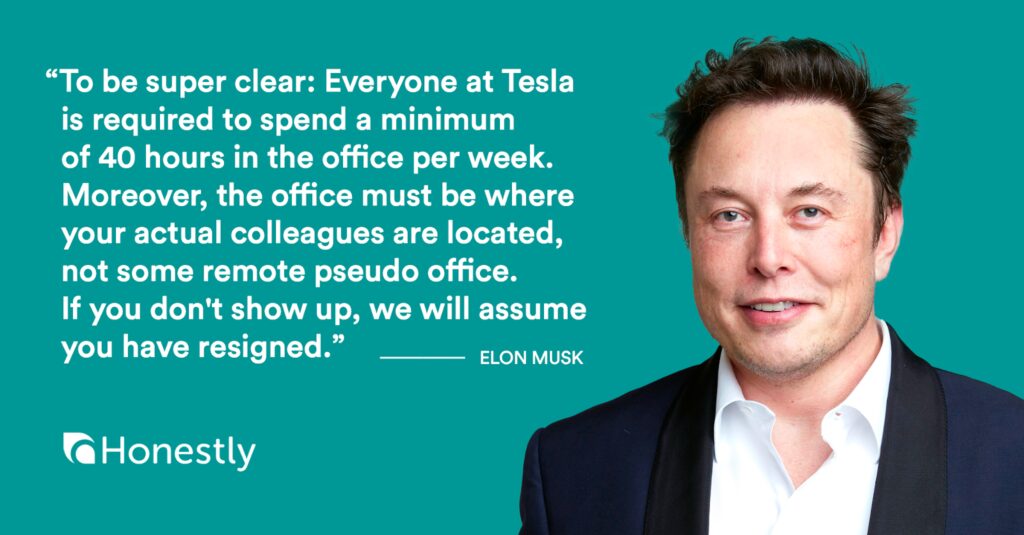 Porträt von Elon Musk mit einem Zitat zum Thema Homeoffice bei Tesla