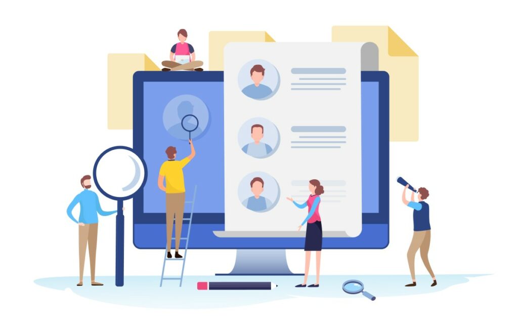 Personen mit Lupen untersuchen einen Bildschirm und eine Mitarbeiterbefragung auf Papier, um herauszufinden, was erlaubt ist