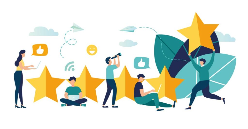 Vier Sterne umgeben von gezeichneten Mitarbeitern, darüber Icons für Feedbackkultur in Unternehmen
