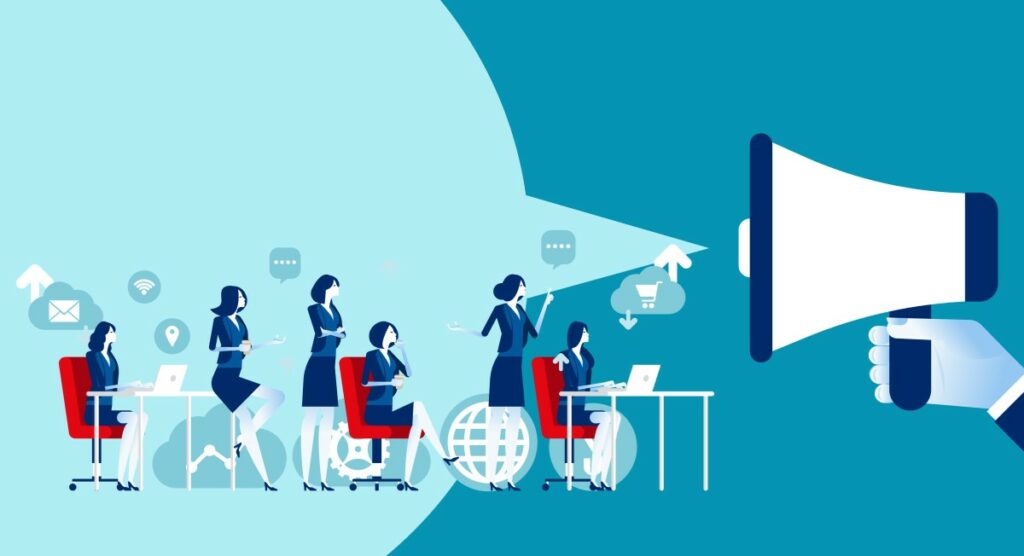 comichafte Darstellung Mitarbeiter äußern Kommentare Megafon schreit dagegen