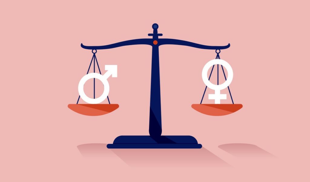 Waage im Gleichgewicht mit Symbolen für männlich und weiblich in den Waagschalen