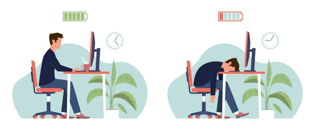 comichafte Darstellung Mitarbeiter mit vollem Akku und Mitarbeiter mit leerem Akku Burnout erkennen