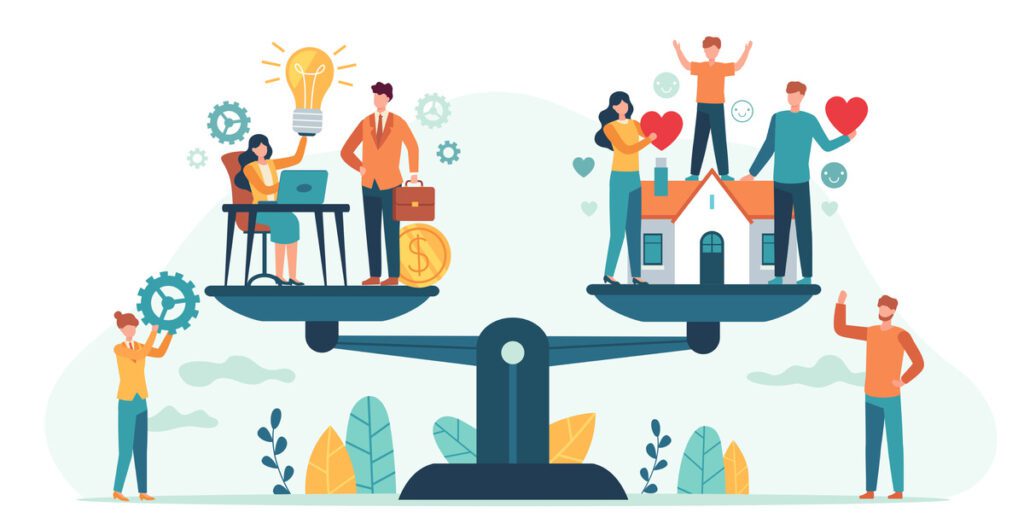 Grafik einer Waage mit Arbeit links und Familie rechts, Work Life Balance