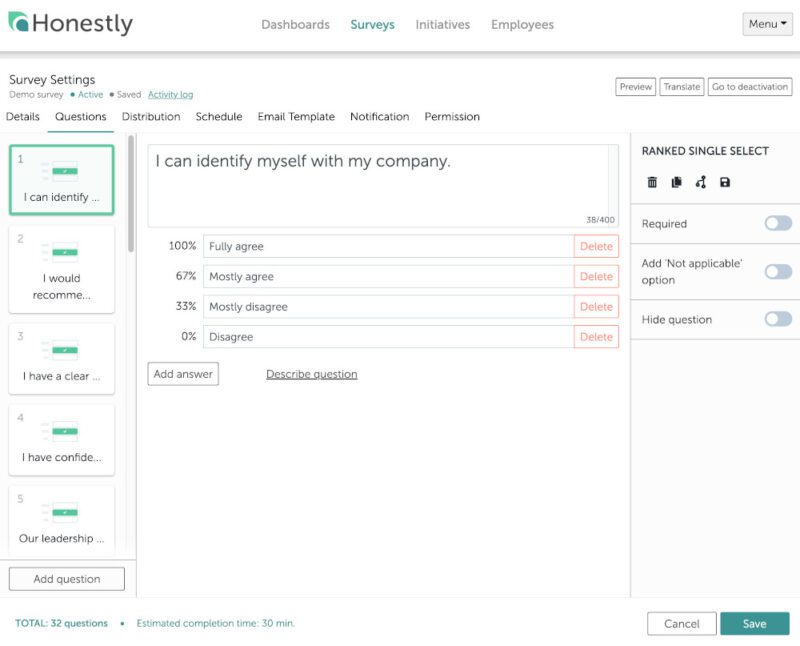 Screenshot Honestly Dashboard: Edit Survey Questions