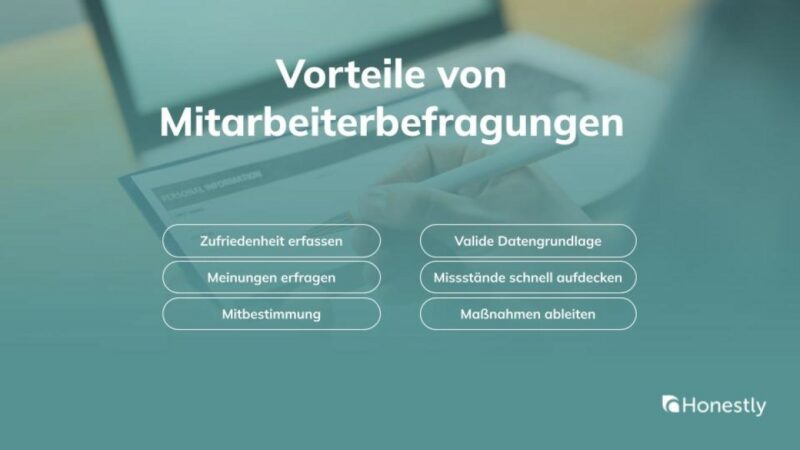 Was sind Vorteile von Mitarbeiterbefragungen? 1. Zufriedenheit erfassen, 2. Meinungen erfragen, 3. Mitbestimmung, 4. Valide Datengrundlage, 5. Missstände schnell aufdecken, 6. Maßnahmen ableiten.