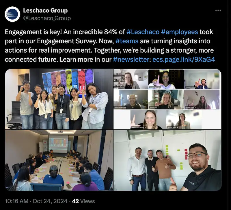 Tweet from Leschago about acting on employee survey feedback Tweet from Leschago about acting on employee survey feedback