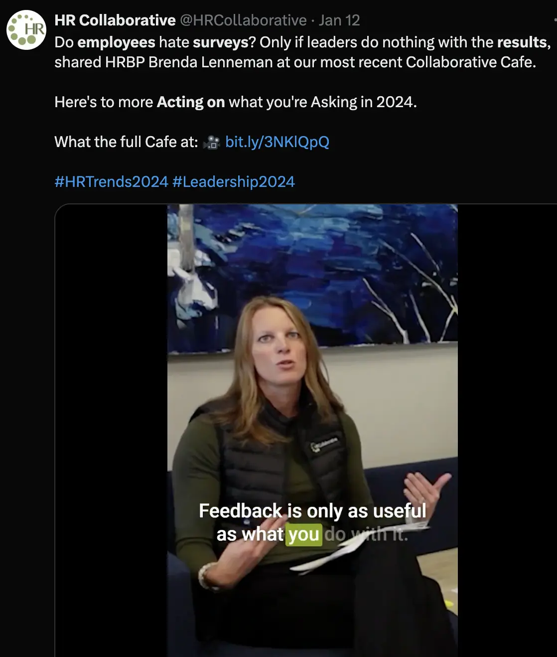 Tweet from HR Collaborative about employee feedback Tweet from HR Collaborative about employee feedback