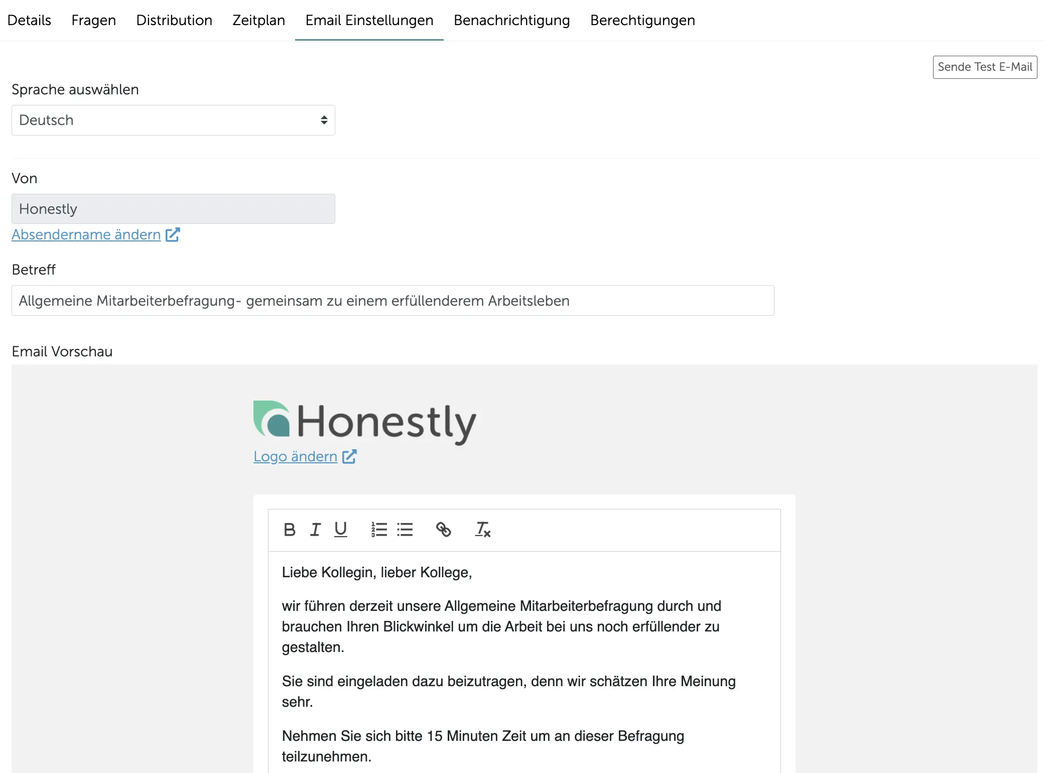 Honestly Mitarbeiterbefragung E-Mail-Ankündigungen