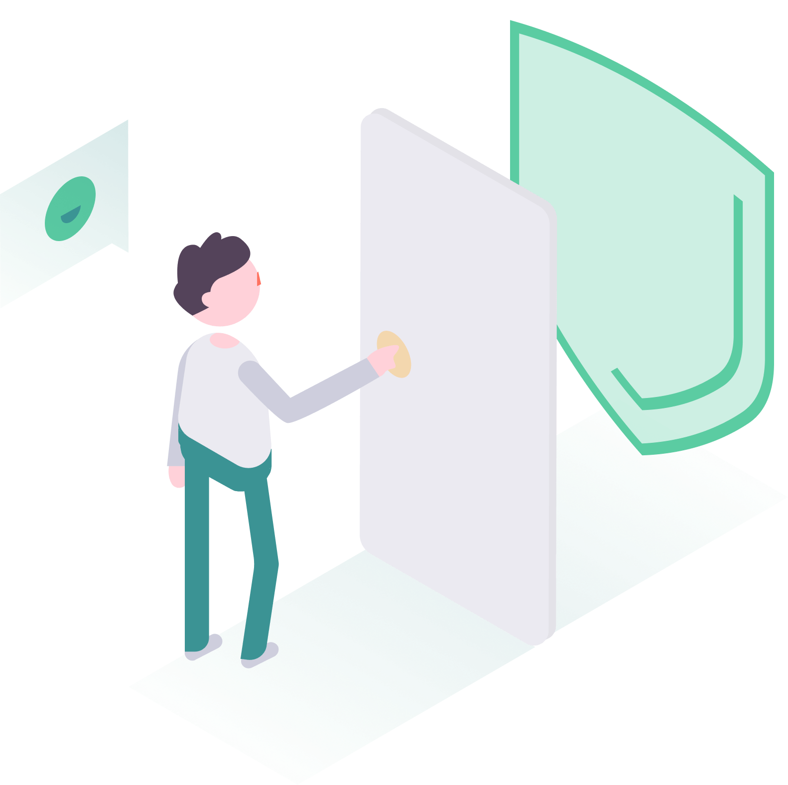 Illustration einer Person, die eine Tür öffnet, dahinter ein Schutzschild als Sinnbild für geschützte Mitarbeiterdaten