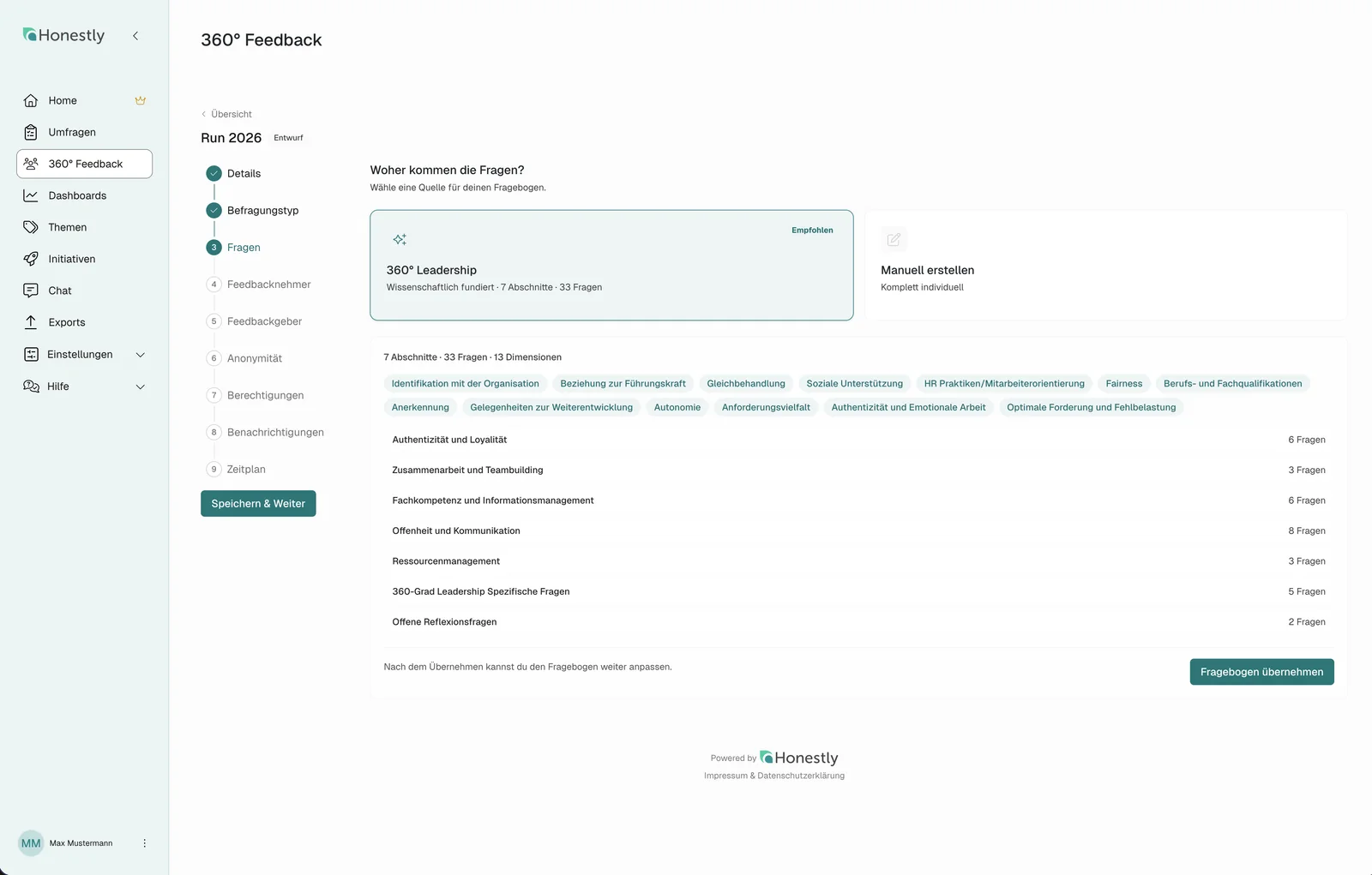 Wissenschaftlich fundierter 360-Grad-Fragebogen mit 7 Abschnitten und 13 Dimensionen