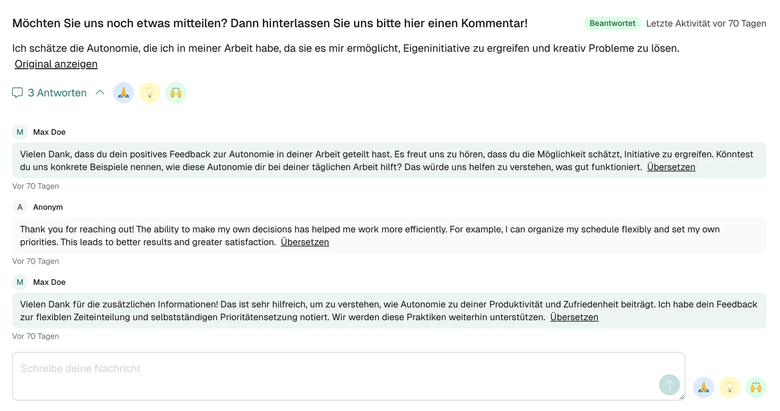 Anonymer Dialog zwischen HR und Mitarbeitenden zu einer Freitextantwort