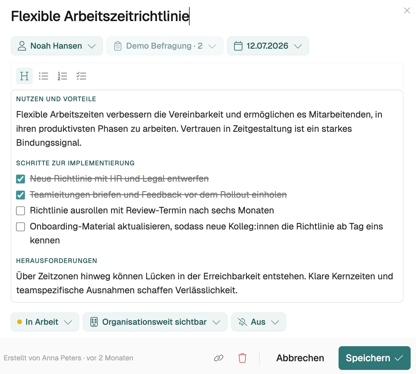 Initiative mit Verantwortlichem, Umfragebezug, Frist und Umsetzungs-Checkliste
