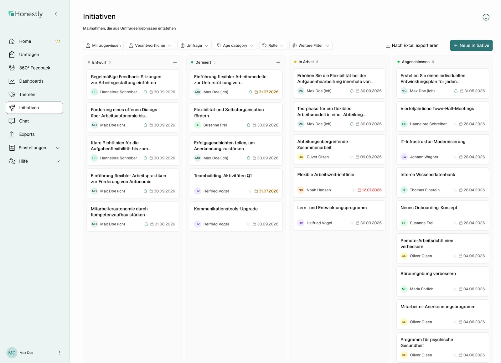 Initiativen-Board mit Status, Verantwortlichen und Fristen