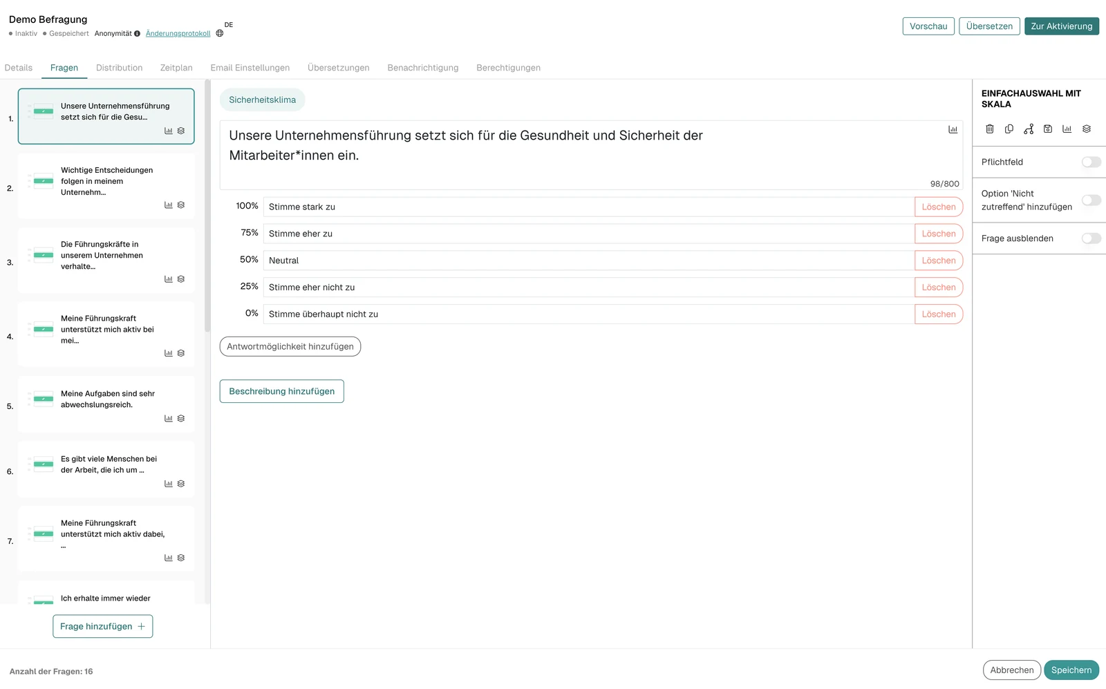 Umfrageeditor in Honestly mit Fragenliste, Antwortskala und Einstellungen zum Fragetyp