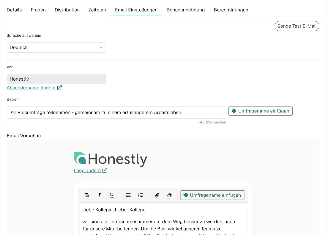 E-Mail-Einstellungen in Honestly mit Betreffzeile und Vorschau der Einladungs-E-Mail
