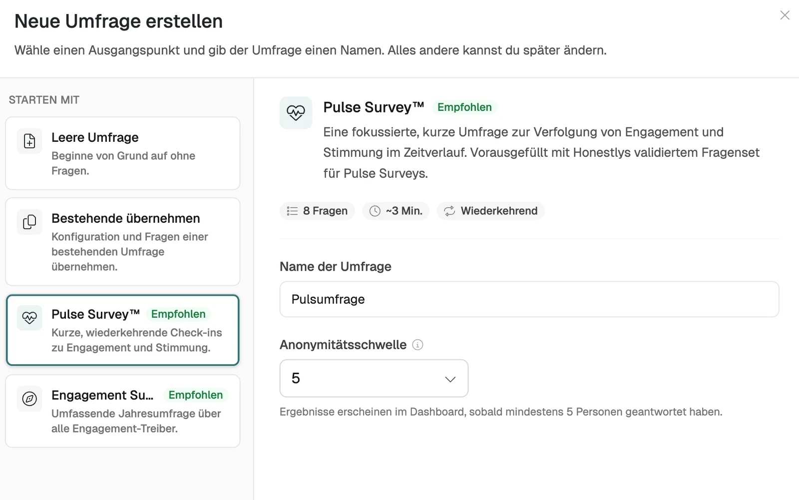 Dialog "Neue Umfrage erstellen" mit Auswahl des Ausgangspunkts, Umfragename und Anonymitätsschwelle