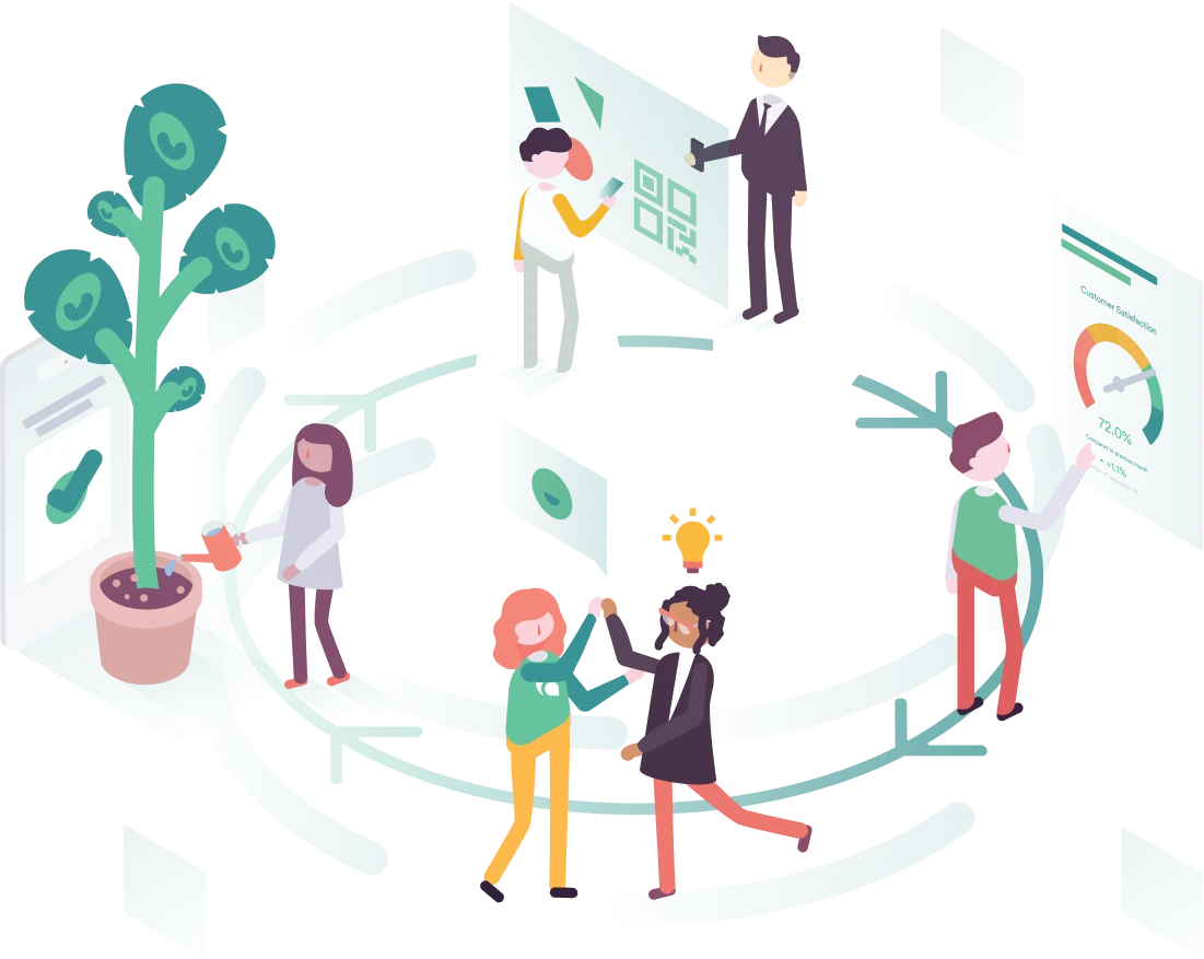 Illustration eines Teams im laufenden Feedback-Kreislauf mit Stimmungs-Dashboards